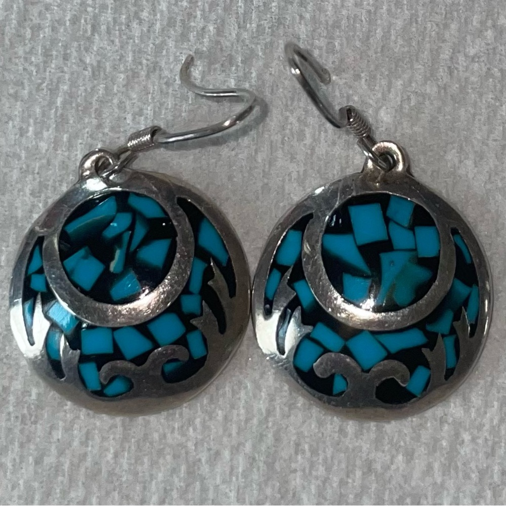 Vintage Taxco Mexican sterling silver turquoise inlaid earrings